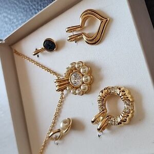 Nolan Miller Gold Necklace Set with Faux Pearl & Crystal Pendant and Charms